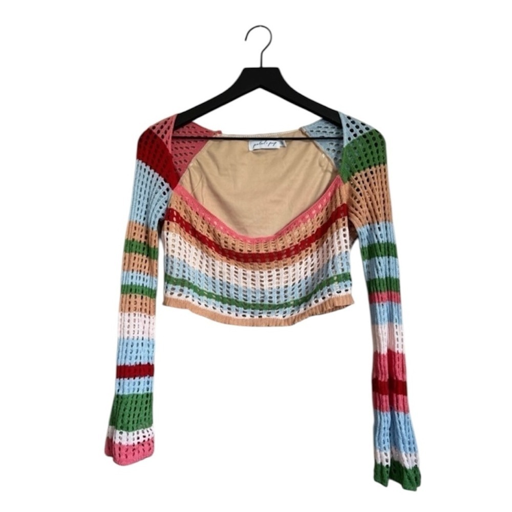 PETAL & PUP Rainbow Stripe Crochet Long-Sleeve Crop Top